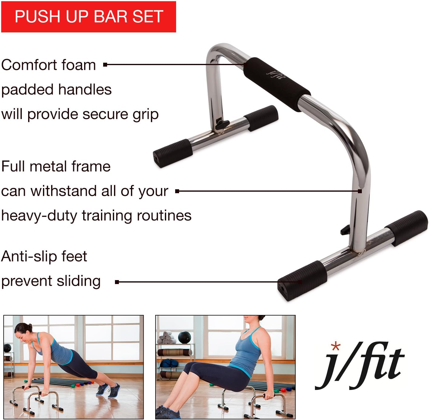 j/fit Tall 9″ Pro Push Up Bar Stand | Durable Metal Fitness Equipment and Padded Handles For Secure Grip Non Skid Feet Elevated Bar For Enhanced Push Ups, Great Range Of Motion and Protected Wrists : Push Up Stands : Sports & Outdoors