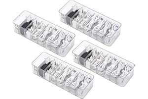 Yesesion 4 Pack Cord Organizer Box with 40pcs Wire Ties, Plastic Charger Storage Case with Adjustable Dividers for Desk Drawer, Home Office Supplies, Stationery, Data Cable, USB, Battery Holder