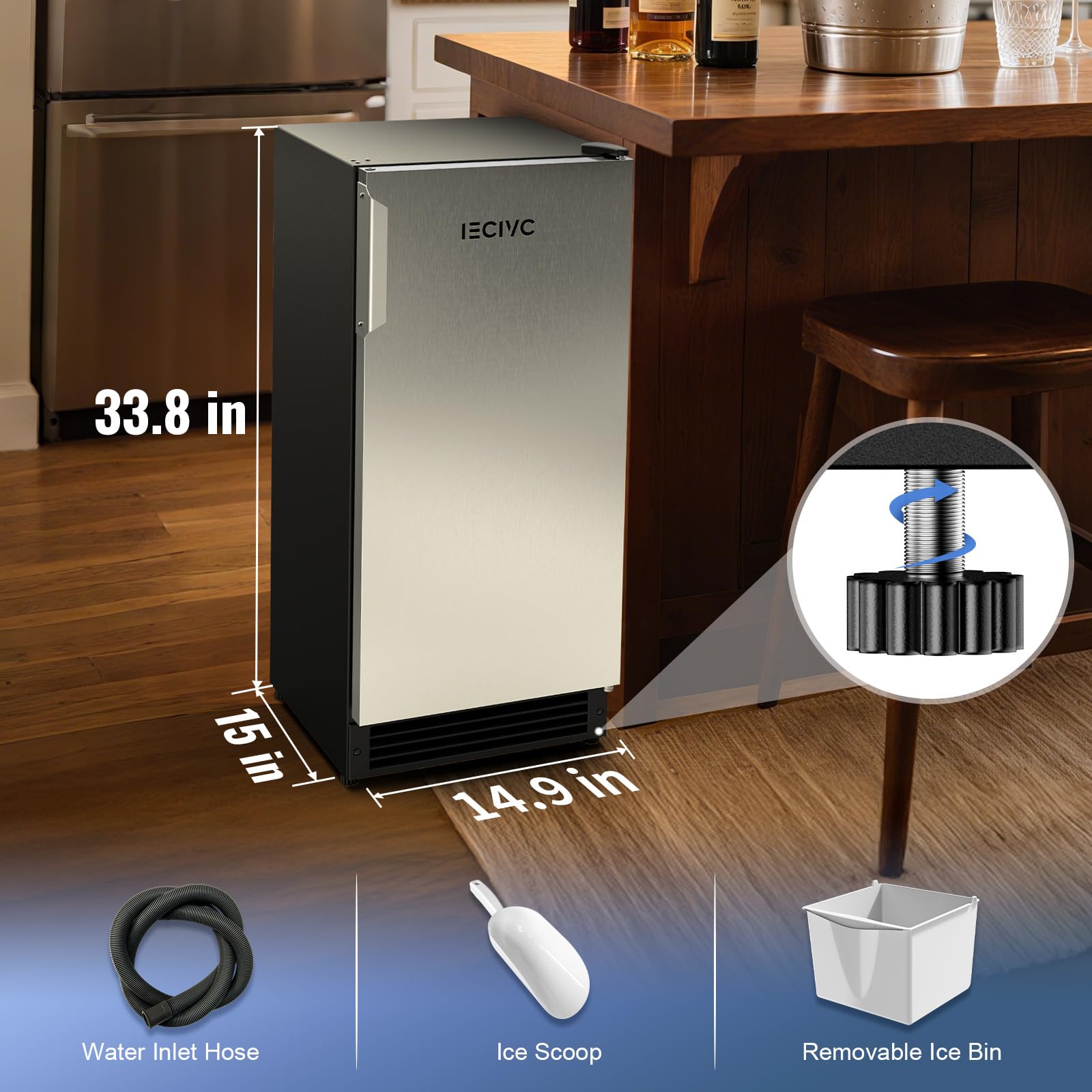 IECIVC Under Counter Crescent Ice Maker Machine, 15'' W Drainless Built-in Ice Maker, 25 LBS/Day with 22 LBS Storage Bin, Perfect for Commercial Home Bar, No Drain