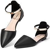 Zelaprox Women's Black Pointed Toe Flats Rhinestone Bow Ankle Strap Ballet Flats Comfortable Slip On Flats Light Weight Suede Dress Shoes