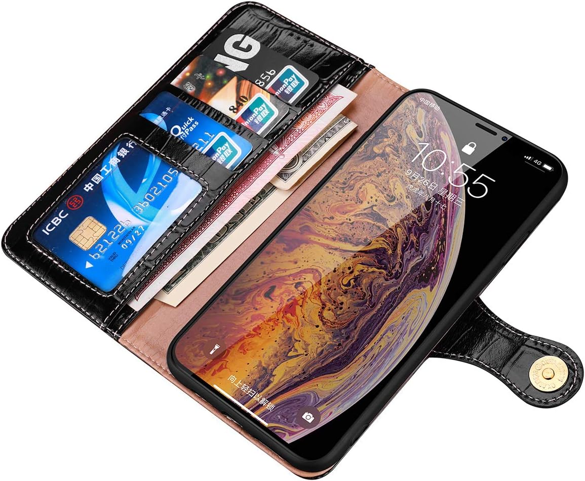 nincyee Genuine Leather Wallet Case for iPhone XS and iPhone X,Classic Crocodile Pattern Real Leather Flip Stand Case Cover with Card Slot Black - Image 5