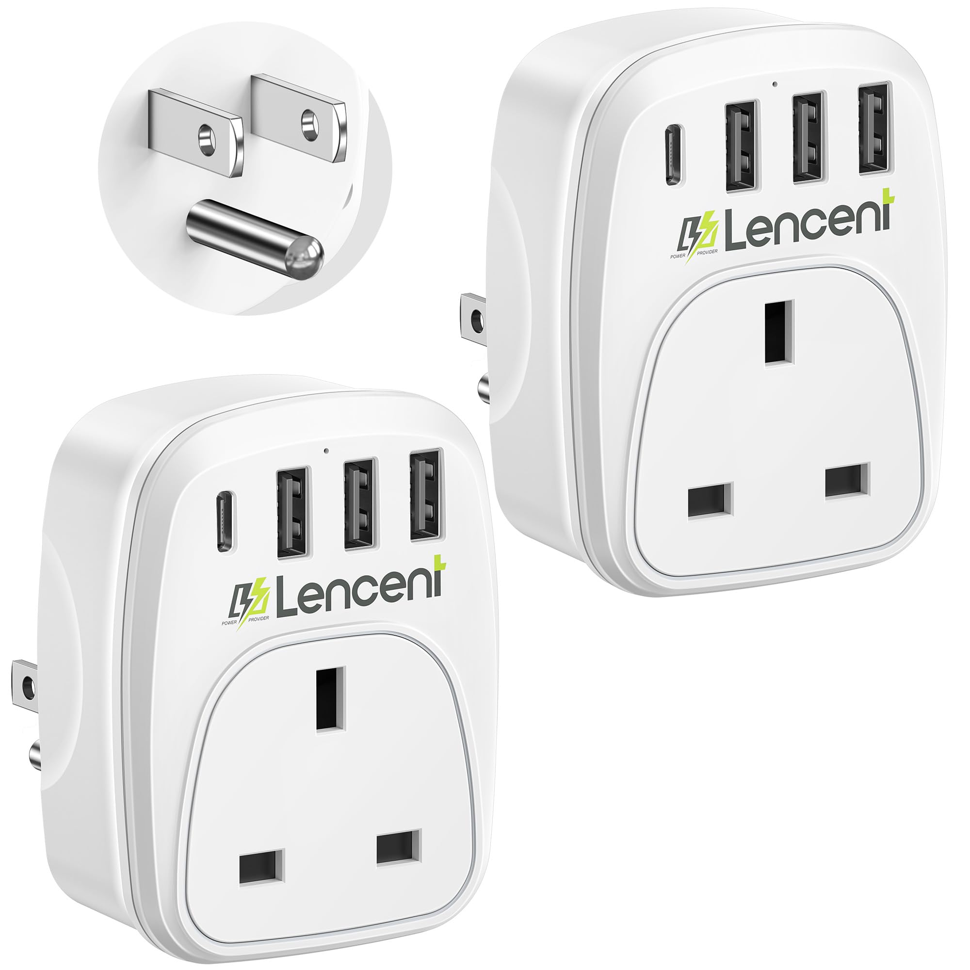 LENCENT 2 Packs UK to US Plug Adapter with 3 USB Ports and 1 Type C, Grounded America Travel Adapter for USA Mexico Canada Thailand and More (Type B)