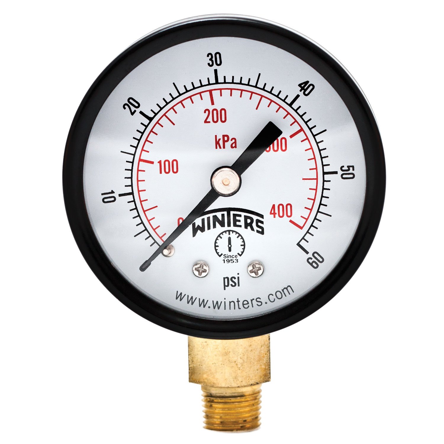 Winters PEM Series Steel Dual Scale Economical All Purpose Pressure Gauge with Brass Internals, 0-60 psi/kpa, 2" Dial Display, +/-3-2-3% Accuracy, 1/8" NPT Bottom Mount
