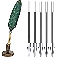 Feather Ballpoint Pen and Vintage Metal Pen Holder Black Ink Vintage Feather Quill with 5 Pieces Refill Wedding Signature Pens for School Office Wedding Birthday Party Favor (Atrovirens,Elegant Style)