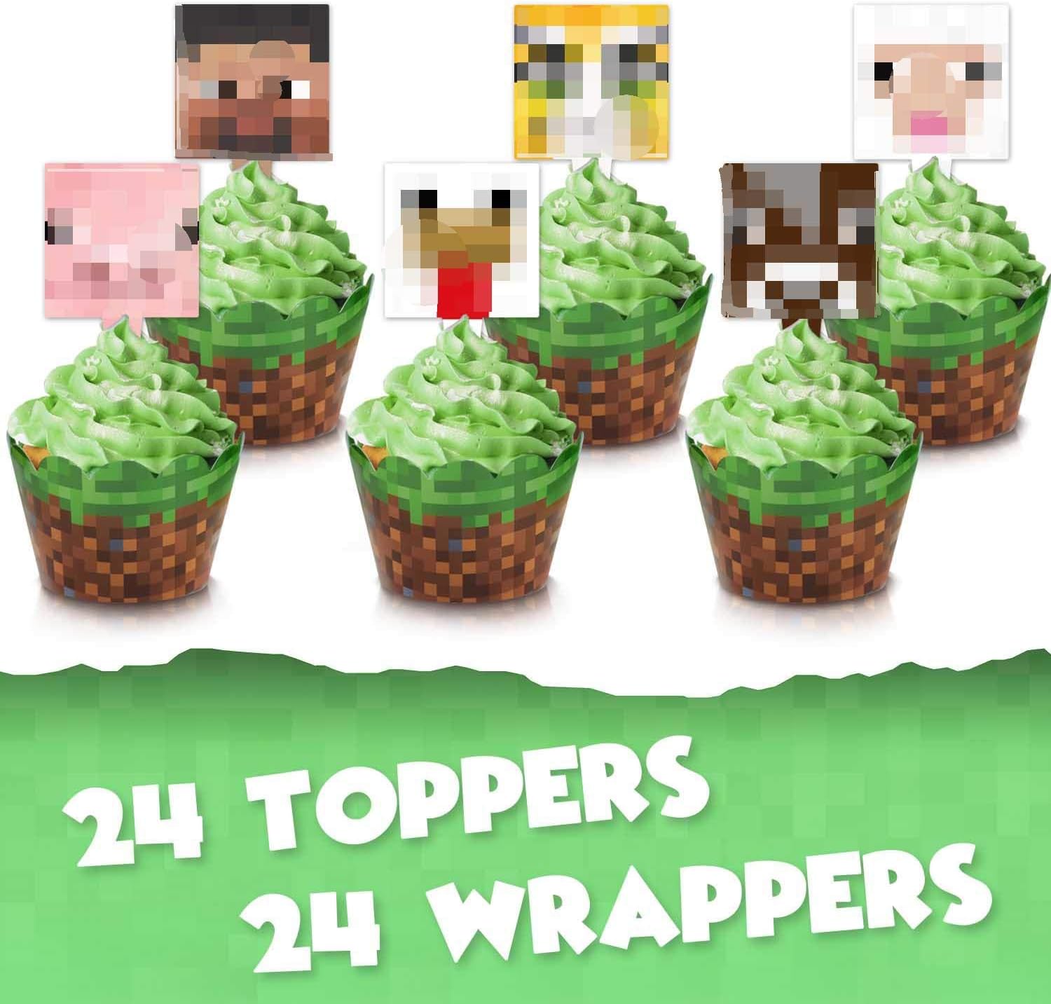 Video Game Pixel Cupcake Toppers and Wrappers Happy Birthday Green Block Cute Games Party Decor Perfect for Baby Shower Child Birthday Party Supplies Decorations 24pcs