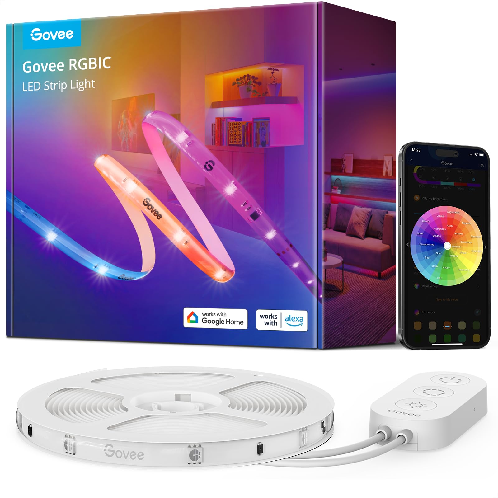Govee RGBIC Pro Tira de luces LED, tiras LED inteligentes que cambian de color de 32.8 pies, funciona con Alexa y Google, bricolaje segmentado, sincronización de música, WiFi y control de aplicaciones, luces LED para dormitorio, decoración del hogar