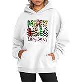 Oranchids Christmas Sweatshirts for Women Merry Christmas Graphic Oversized Fleece Hoodies Xmas Holiday Sweater with Pocket