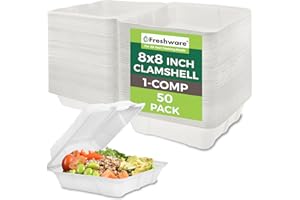 Freshware Compostable Clamshell Food Containers [8x8 50-Pack] Disposable To Go Containers, Biodegradable Sugarcane To Go Boxes - Heavy Duty Paper Containers - Microwave & Freezer Safe, Stackable