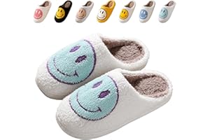 Bevaney Smile Face Slippers for Women, Soft Plush Smile Slippers Retro Preppy Slippers with Smile Face Happy Face Slippers Slip-on Cozy Indoor Outdoor Slippers