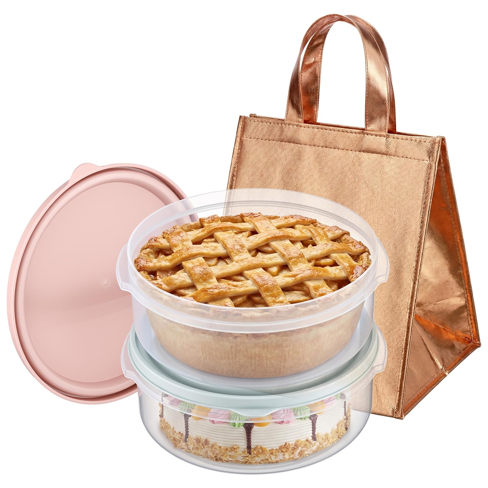 Photo 1 of Yiyiring 2 Pack Pie Carrier with Lids and Insulated Food Carrying Case Bag, 8 Inch Airtight Food Storage Container Portable Carrier for Transport Pies Cakes Cupcakes Pizza
