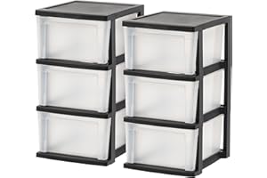 IRIS USA Plastic Drawer Storage Organizer, 3-Drawers, 2-Pack, for Classroom Art Craft Supplies, Bathroom Bedroom, Laundry Room, Black/Clear