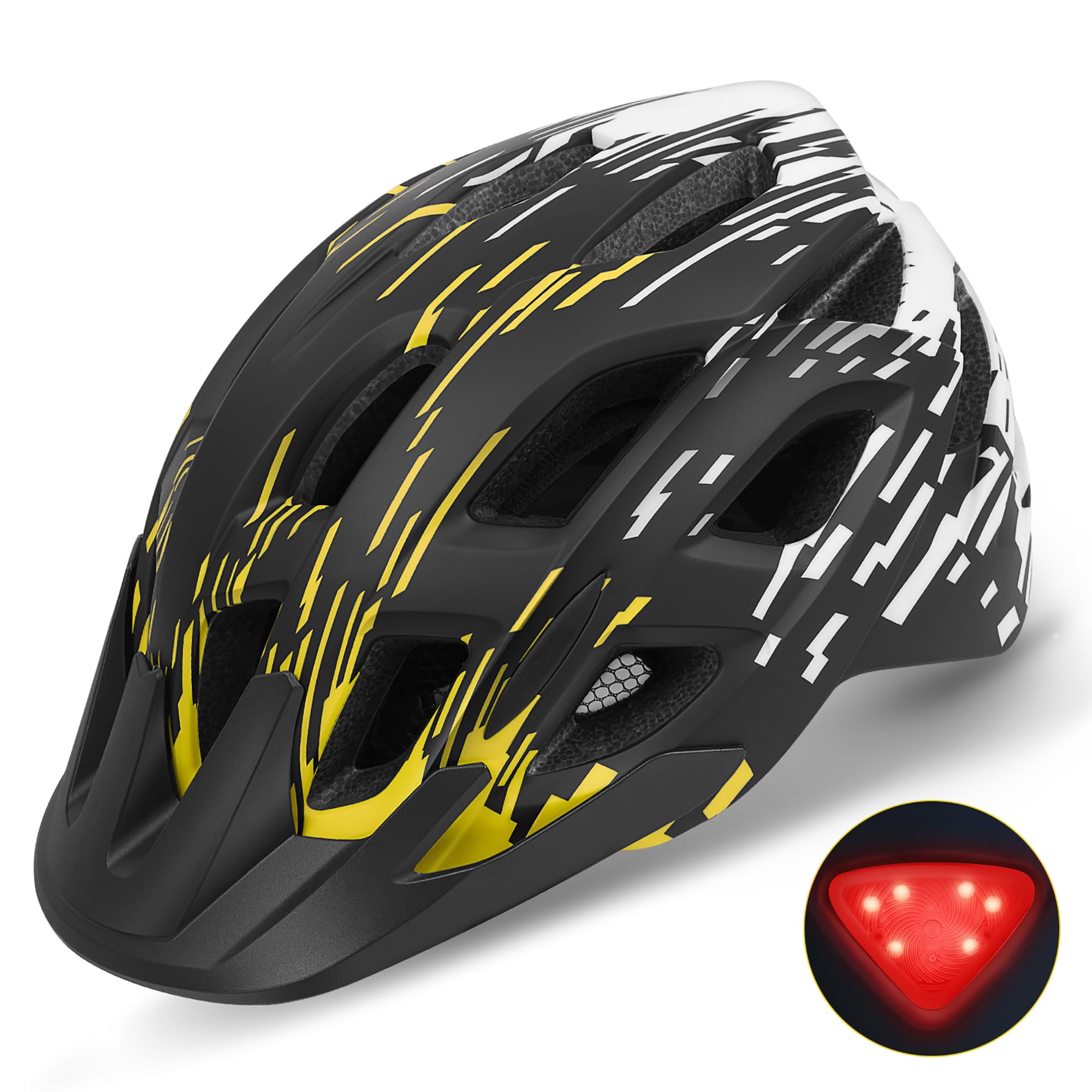 Bike Helmet, Lightweight Bicycle Helmets with Tail Light & Detachable Visor, 21 Vents Cycling Helmet for Adults, Mountain & Road Cycle Helmet for Men Women Adjustable Size 57-61cm (Black+Yellow)