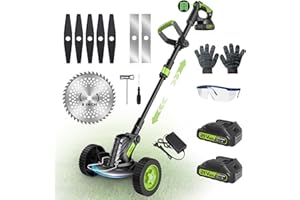 Weed Wacker Cordless, Gisam Brushless String Trimmer with 2 X 2.0Ah Battery, 8" Electric Grass Cutter, 3 in 1 Weed Eater with 3 Types Blade & Wheels for Garden/Lawns