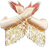 Yikisdy Women 1920s Tassel Glitter Long Gloves Sequin Opera Fingerless Glove Rave Party Satin Arm Sleeves(Black)