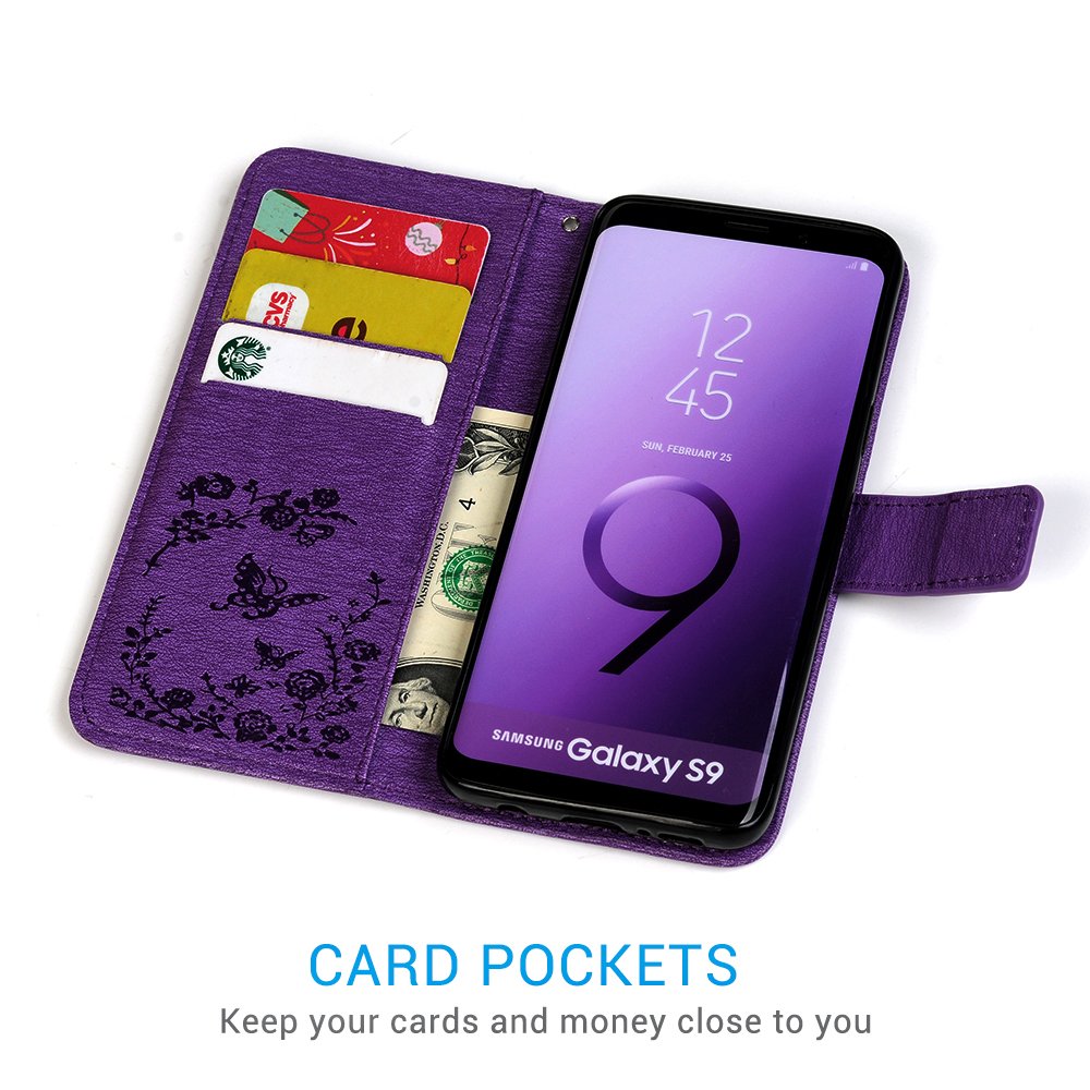 Maxfe.co for Samsung Galaxy S9 Case Shockproof Floral Butterfly PU Leather Wallet Flip Magnet Case Cover for Samsung Galaxy S9 with Card Slots Built-in Kickstand +Touch Pen Purple