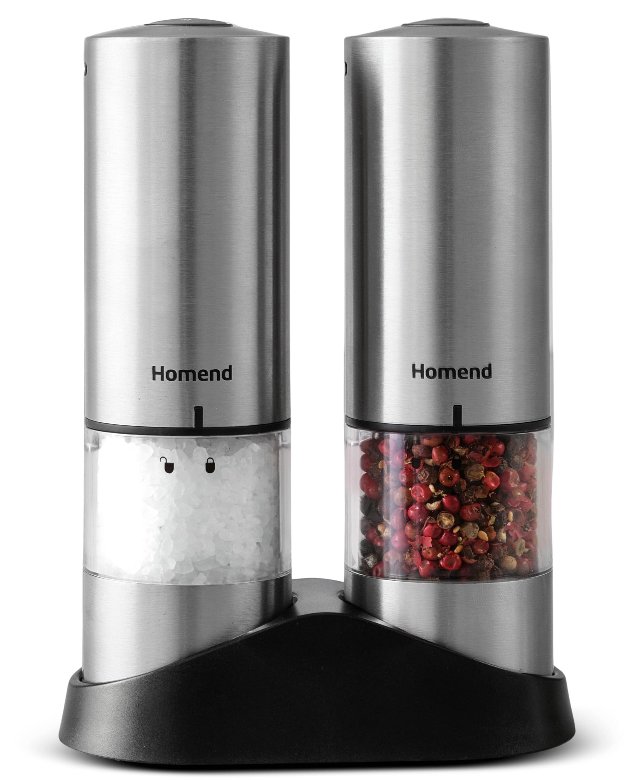 Homend Grindgo Electric Salt & Pepper Grinder Set – Included USB-C, Rechargeable, LED Indicator, Adjustable Ceramic Mill, Automatic One-Hand Operation, Easy to Refill, Premium Stainless Steel