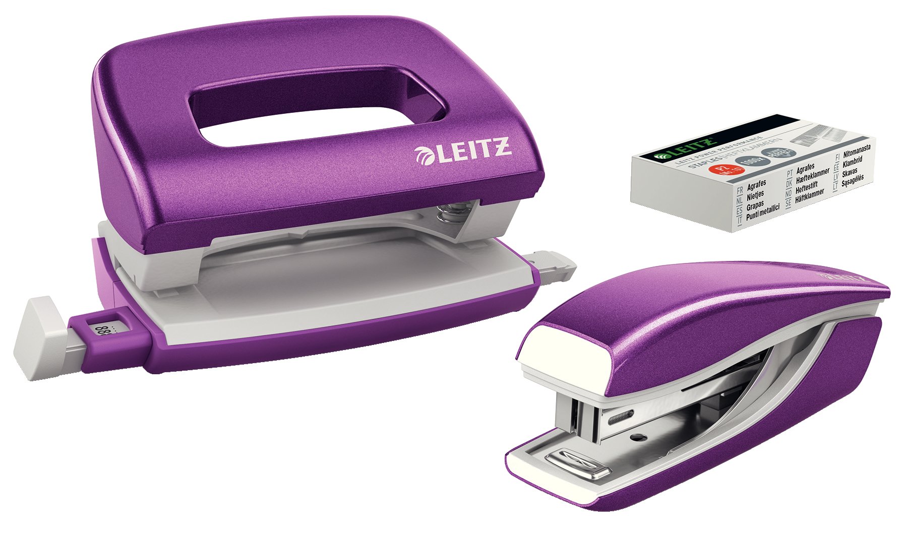Leitz 55612062 Mini Stapler and Hole Punch Set, Staple or Punch Up to 10 Sheets, Includes P2 N°10 Staples, WOW Range, Purple