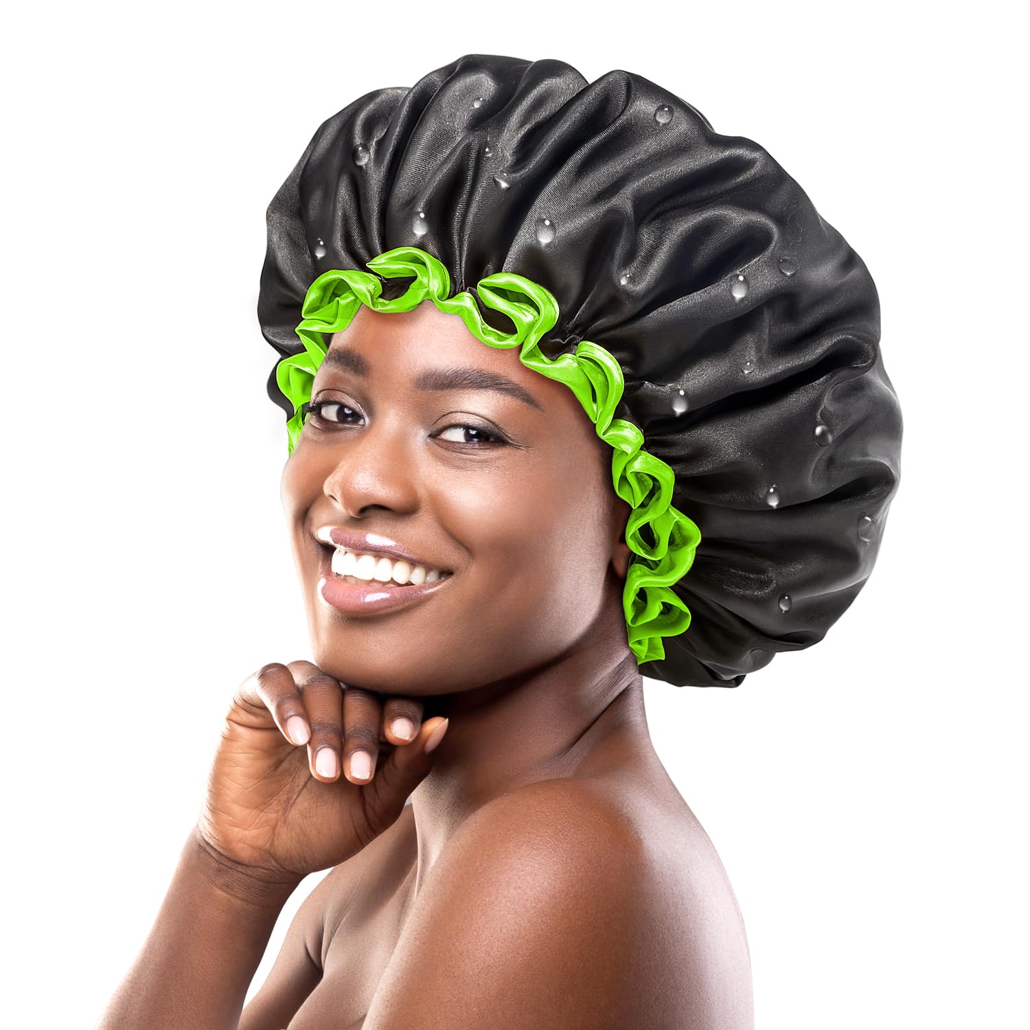 mikimini Large Black Shower Cap for Women and Men, Reusable Waterproof XL Shower Hats for Thick Long Hair, Black Bath Caps with Green Edge