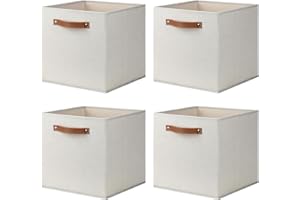 ArcaGuru 13x13x13 Storage Cube Bins, Foldable Fabric Organizer Bins Storage Cubes Baskets Box Drawers for Shelves, Closet, Wardrobe, Bookshelf, 4 Pack, Beige
