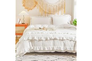 CCoutueChen White Ruffle Duvet Cover Full 3Pcs Shabby Chic Farmhouse Bedding Set Girls Soft 100% Washed Microfiber Duvet Cover Set Boho Vintage Ruffled Bedding with 2 Pillowcases(No Comforter)