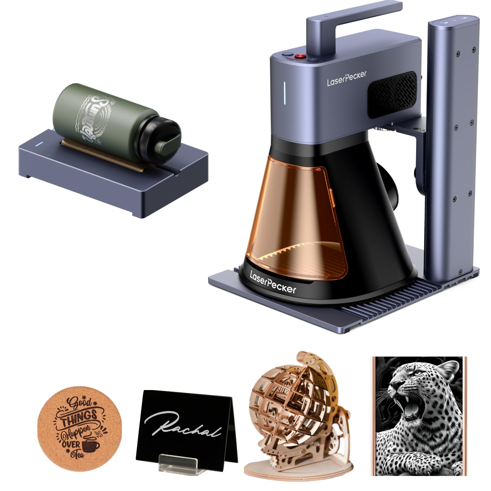 LaserPecker LP2 Plus SpinTrack Bundle, grabador láser de diodo de 10 W con rodillo eléctrico versátil, máquina cortadora de grabado láser portátil para madera, cuero, acrílico, metal recubierto, etc.
