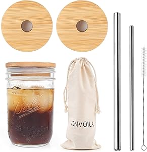Mason Jar Lids with Straw, ECO Reusable Bamboo Lids, Wide Mouth Mason Jar Tumbler Lids, Mason Jar Tops with 2 Reusable Stainless Steel Straw - 2 Packs