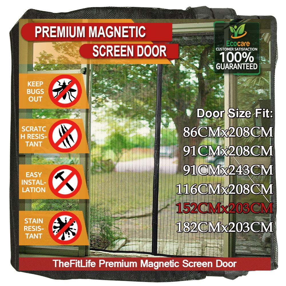 TheFitLife Magnetic Fly Screens for Doors - Heavy Duty Mesh Curtain with Full Frame Hook and Loop Powerful Magnets That Snap Shut Automatically