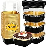 5oz Black Mini Cake Pans with Lids and Spoons, 72 Sets Aluminum Foil Loaf Pans, Disposable Square Mini Cake Tins for Cupcakes, Cheesecake, Brownies, Parties, Baking, and Catering