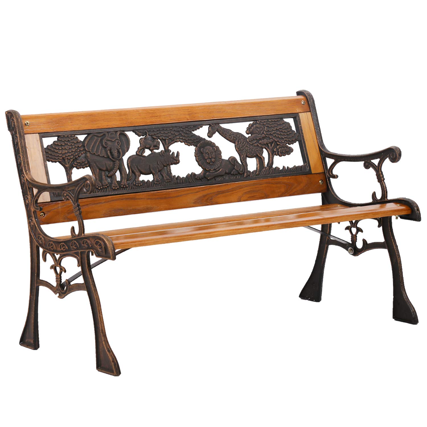 FDW Patio Garden Bench Park Porch Chair with Cast Iron Armrest Hardwood Furniture Animals Child's Bench