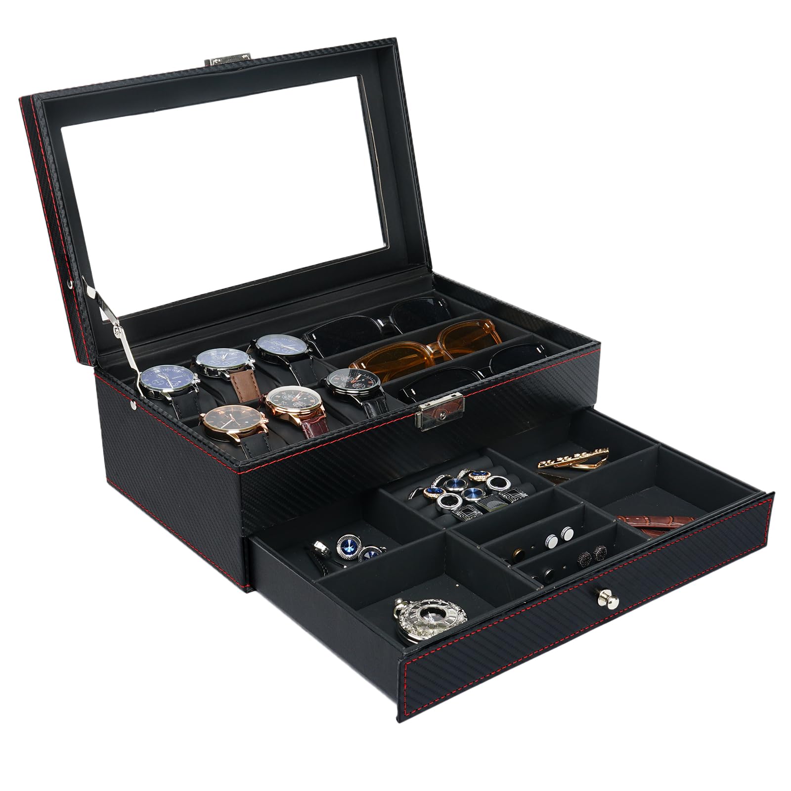 Jenseits Jenseits Watch Box for Mens Jewelry Box, 6 Slot Watch Case & 3 Slot Sunglasses Organizer, Lockable PU Leather Jewelry Organizer Watch Display Storage W/Drawer For Rings Bracelets, Gift for Men Women