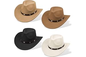M-Aimee 4 Pcs Women Men Felt Wide Brim Western Cowboy Hats Belt Buckle Panama Hat