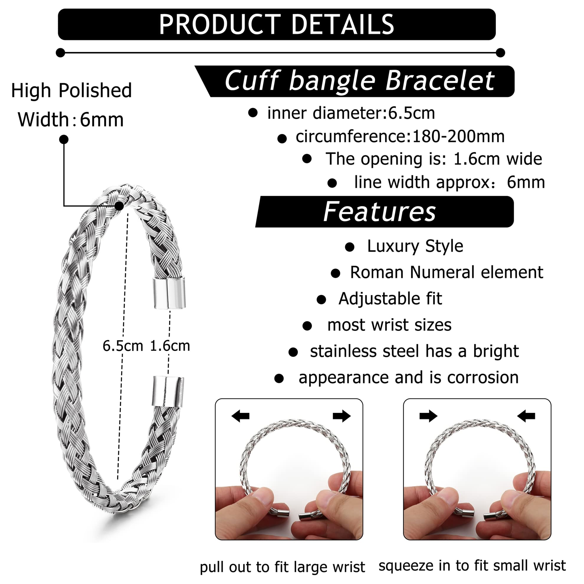YADOCA 3Pcs Stainless Steel Bracelets for Men Roman Numeral Bangle Bracelet Adjustable Cuff Bracelet Twisted Cable Bracelet Mens Luxury Bracelets Jewelry Gifts Gold/Silver/Black