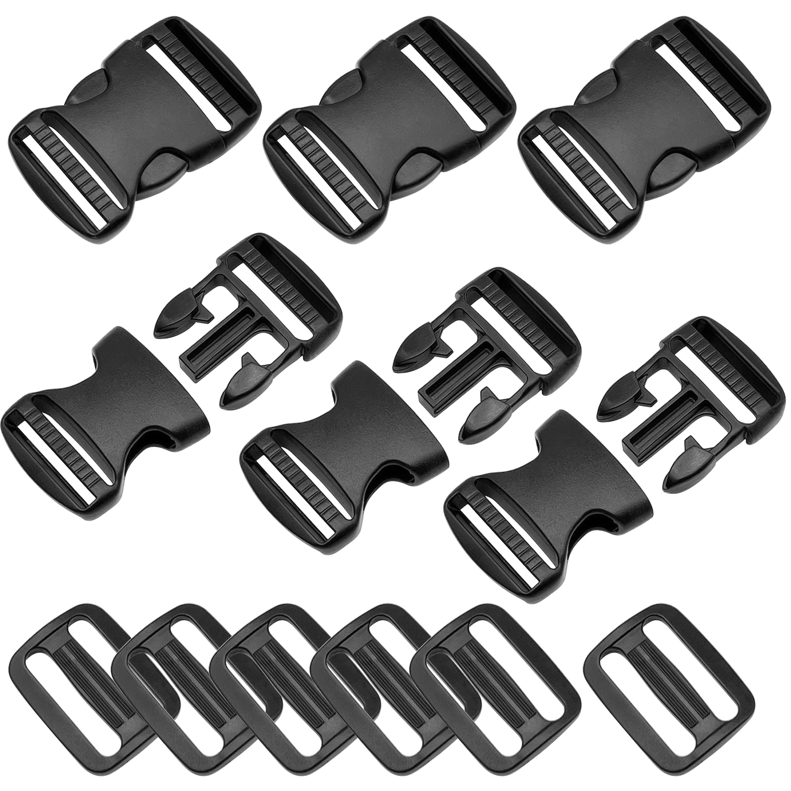 LiteTour 6 Set 25mm/1inch Buckles Clips and Tri-Glide Slides, Flat Side Release Buckles - Heavy Duty Clip for Backpack, Luggage Fastening Strap, Pet Collar Making and More