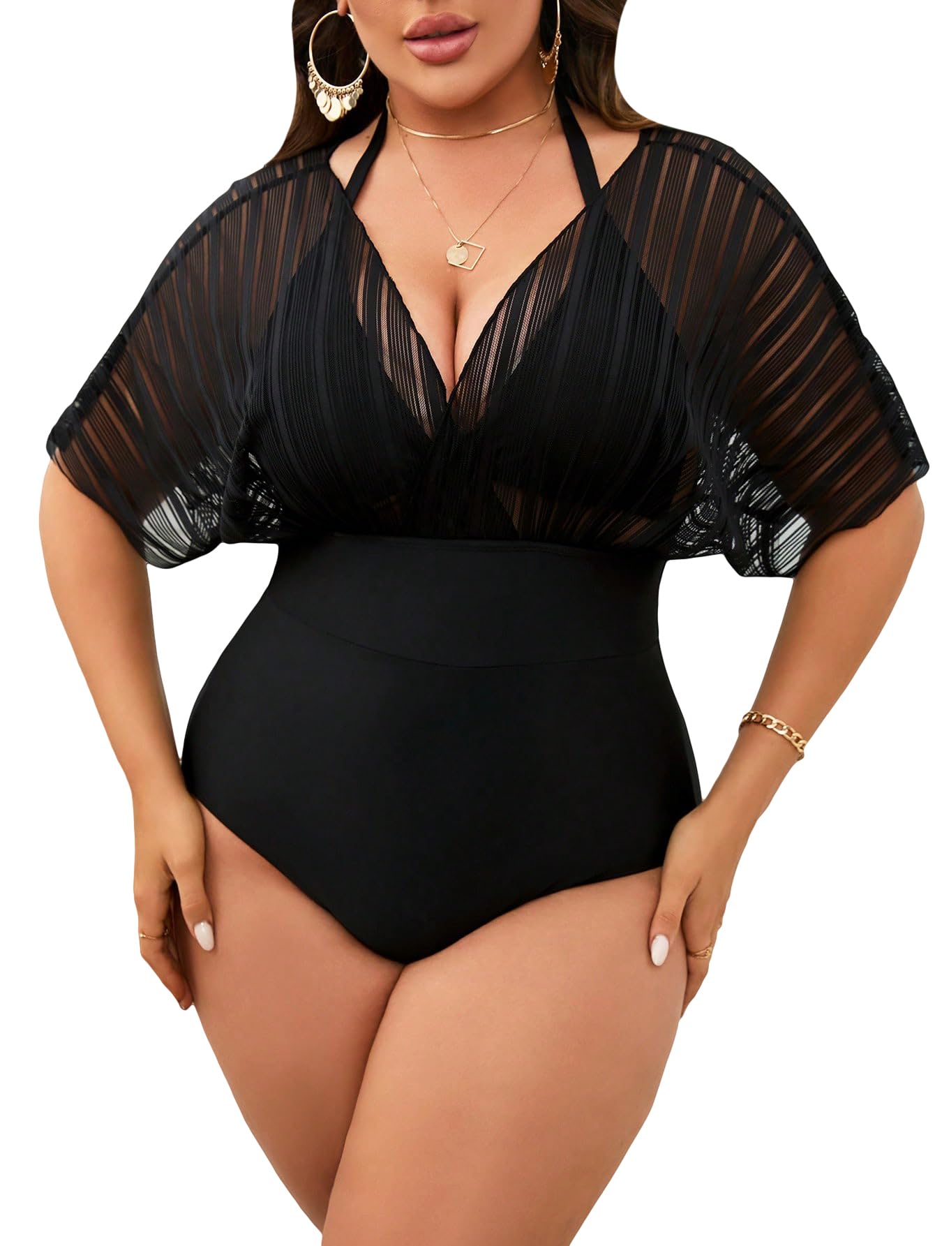 Photo 1 of MakeMeChic Women's Plus Size Bathing Suit Floral Lace Up Ruffle Sleeve Halter One Piece Swimsuit Mesh Black 4XL