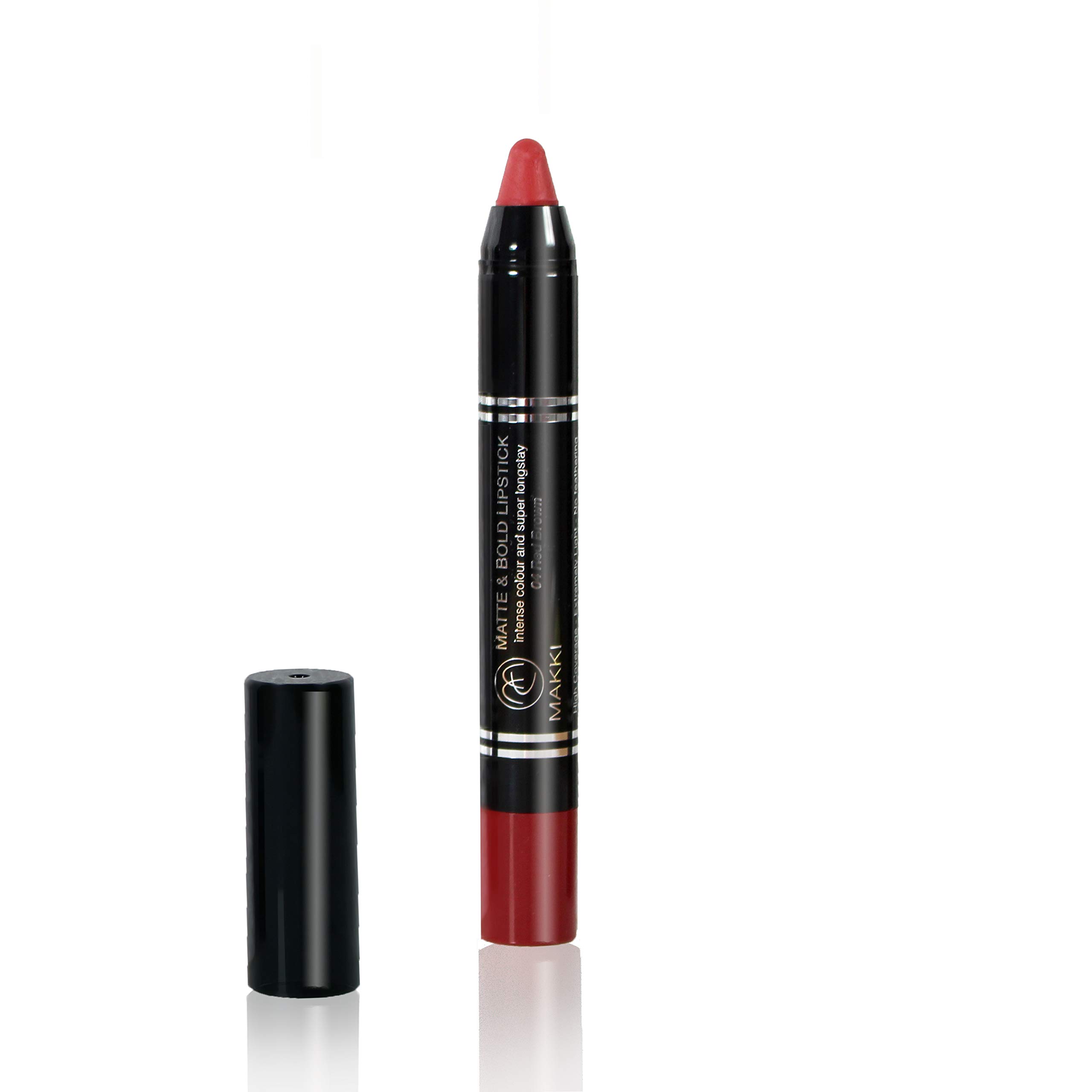 Red brown Makki Matte and Bold twist-up Lipstick intense colour velvet finish very long stay up to 18 hours, smudge proof, no feathering, soft and gliding, contains crushed pigments