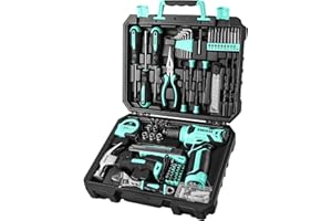 DEKOPRO Drill Set: Tool Set with 8V Cordless Drill, Home Tool Kit with Drill, Hand Tool Kits for Women 126 Piece, Turquoise