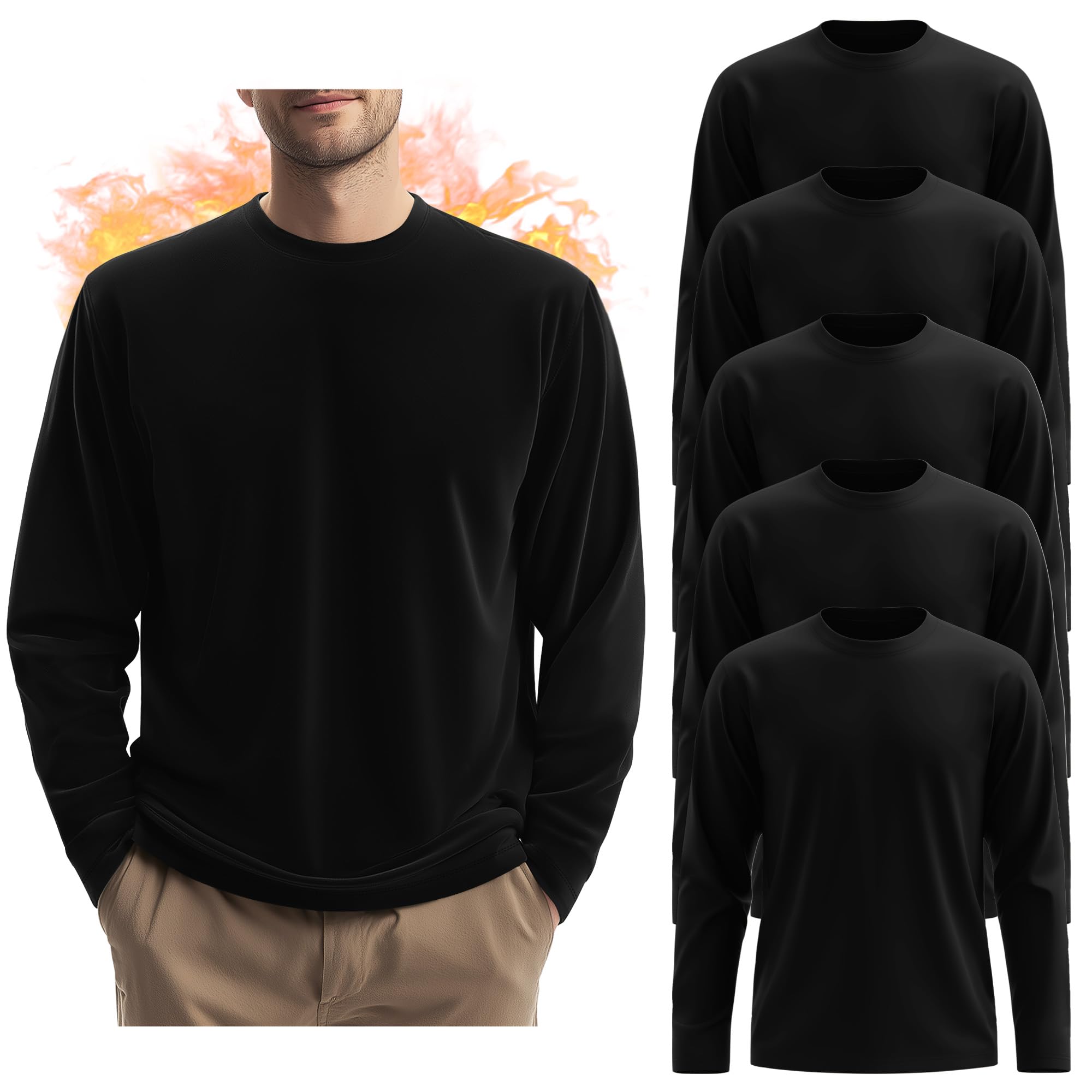 Photo 1 of Evervibe 5 Pack Mens Big and Tall Thermal Shirts Fleece Lined Long Sleeve Loose Fit Tops Plus Size Undershirt Multipack(Black, Black, Black, Black, Black,4X-Large)
