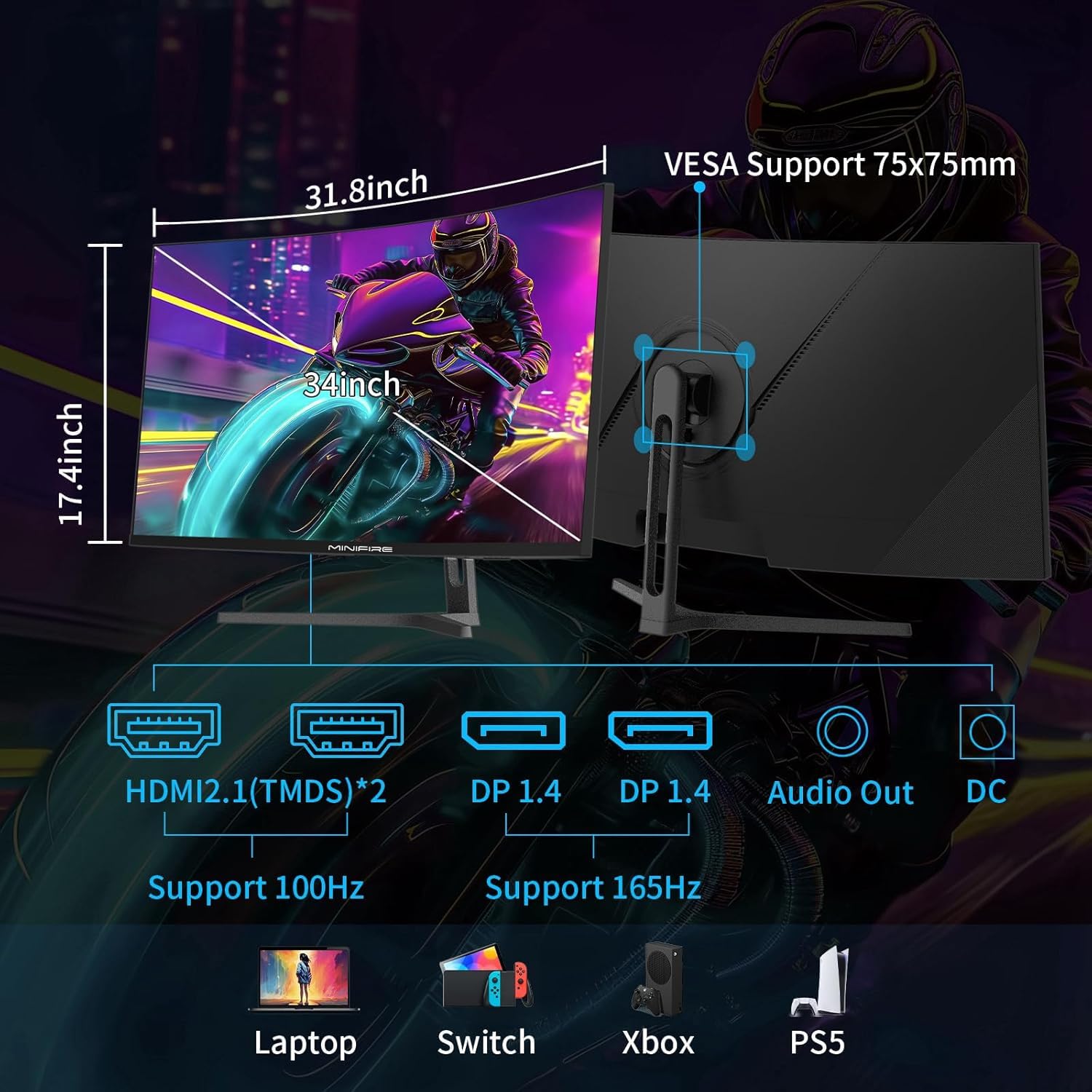 Minifire 34" UWQHD Curved Gaming Monitor 165Hz(DP),3440 x 1440, Curved 1500R,1ms(MPRT),Pip/PBP,FreeSync,HDR, 300nits, sRGB 125%, DCI-P3 95%,VA Panel,2xHDMI 2.1(TMDS) 1xDP 1.4 Ports MFG34C5Q 3