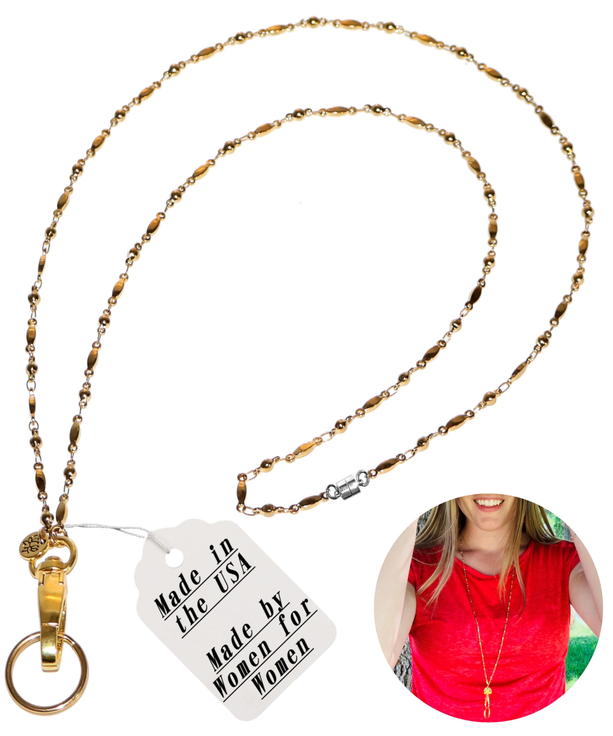 Hidden Hollow Beads Gold Stainless Steel Lanyard ID Card Badge Holder 34" - Strong - USA, Teacher Women Cruise Keys (Gold - Breakaway (Safer))