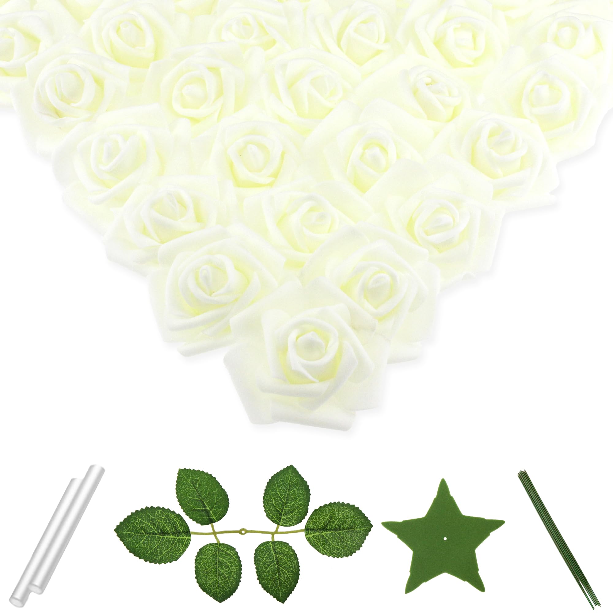 Photo 1 of Vignor 100 Pcs 3 Inch Artificial Flowers Bulk 5 in 1 Set Faux Foam Fake Rose Head Wedding Decoration Bridal Shower Centerpiece Arrangement Wall Table Decor DIY Craft (Ivory)