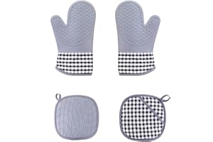 NEWLINE NY Heat-Resistant Silicone Oven Mitts and Pot Holders Set – Non-Slip, Quilted Cotton Lining, Extra Long Kitchen Gloves for Baking, Cooking, Grilling – 4-Piece Set