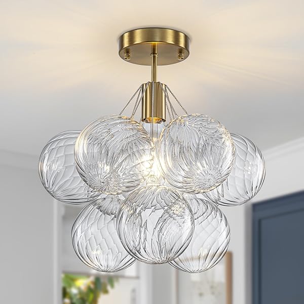 SEMI FLUSH MOUNT CHANDELIER GOLD-SPECIAL BUBBLE FLUSH MOUNT CEILING LIGHT 14.17″ MODERN MID CENTURY CEILING LIGHT FIXTURES WITH 9 CLEAR SWIRLED GLASS BALL FOR BEDROOM FOYER KITCHEN, INCLUDE E26 BLUB