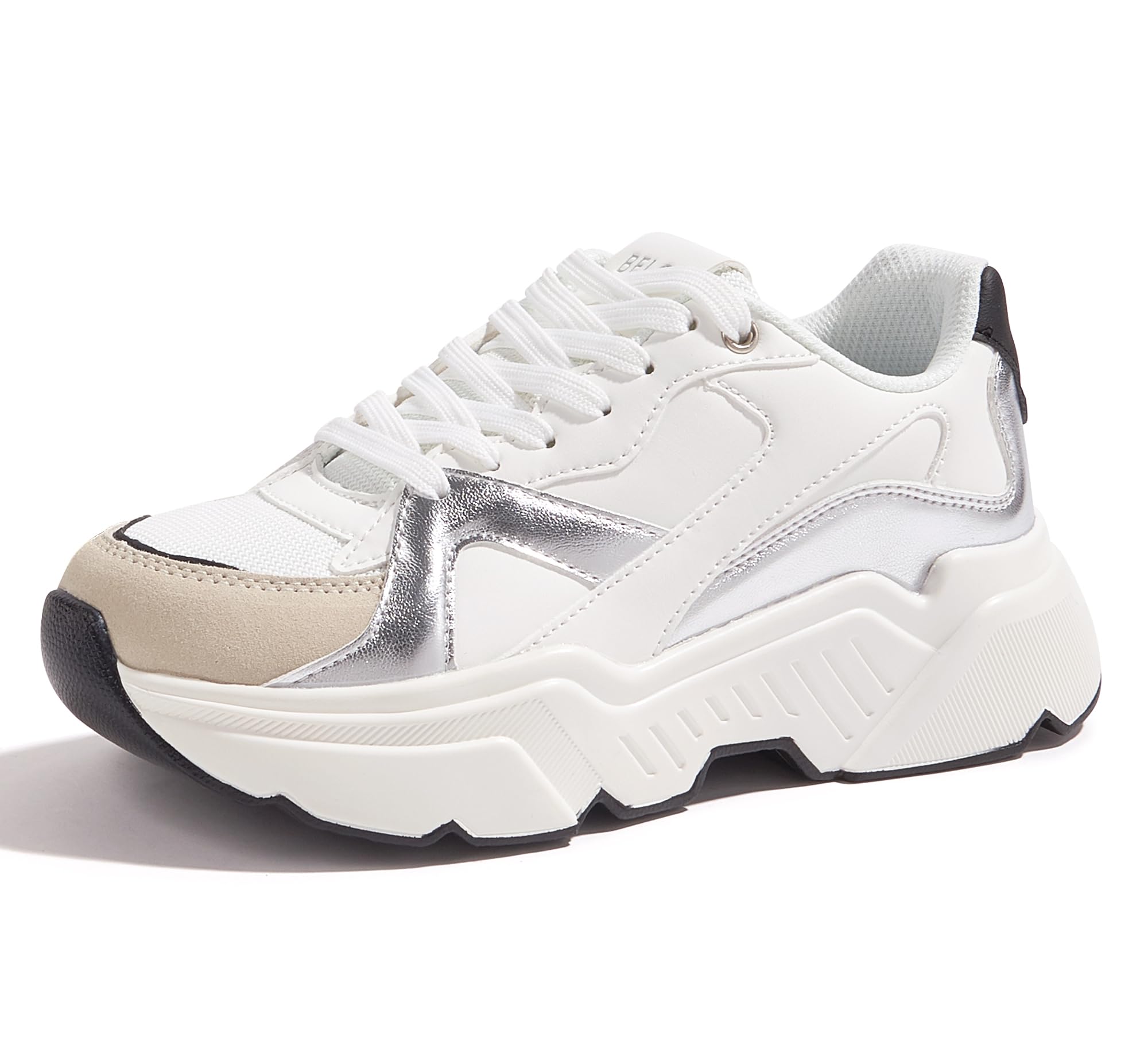 Photo 1 of ** USED***BELOS Women's Platform Chunky Sneakers Fashion Dad Sneakers Casual Lace Up Comfortable Lightweigt Walking Shoes(Silver/White,11)