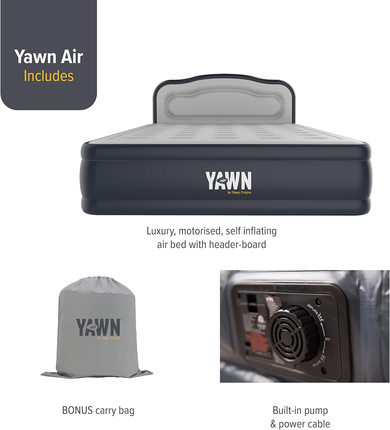 YAWN AIR Self-Inflating Airbed King Size, Great Guest Bed, Camping Mattress, Built-in Pump & Headboard, Grey Fabric Material - Image 3