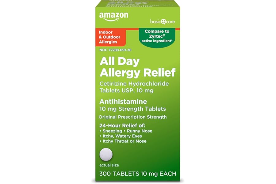 Amazon Basic Care All Day Allergy, Cetirizine Hydrochloride Tablets, 10 mg, 24-Hour Relief for Allergy, 300 Count (Packaging may vary)