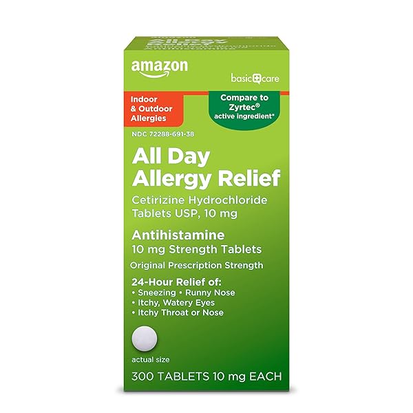 AMAZON BASIC CARE ALL DAY ALLERGY, CETIRIZINE HYDROCHLORIDE TABLETS, 10 MG, 24-HOUR RELIEF FOR ALLERGY, 300 COUNT (PACKAGING MAY VARY)