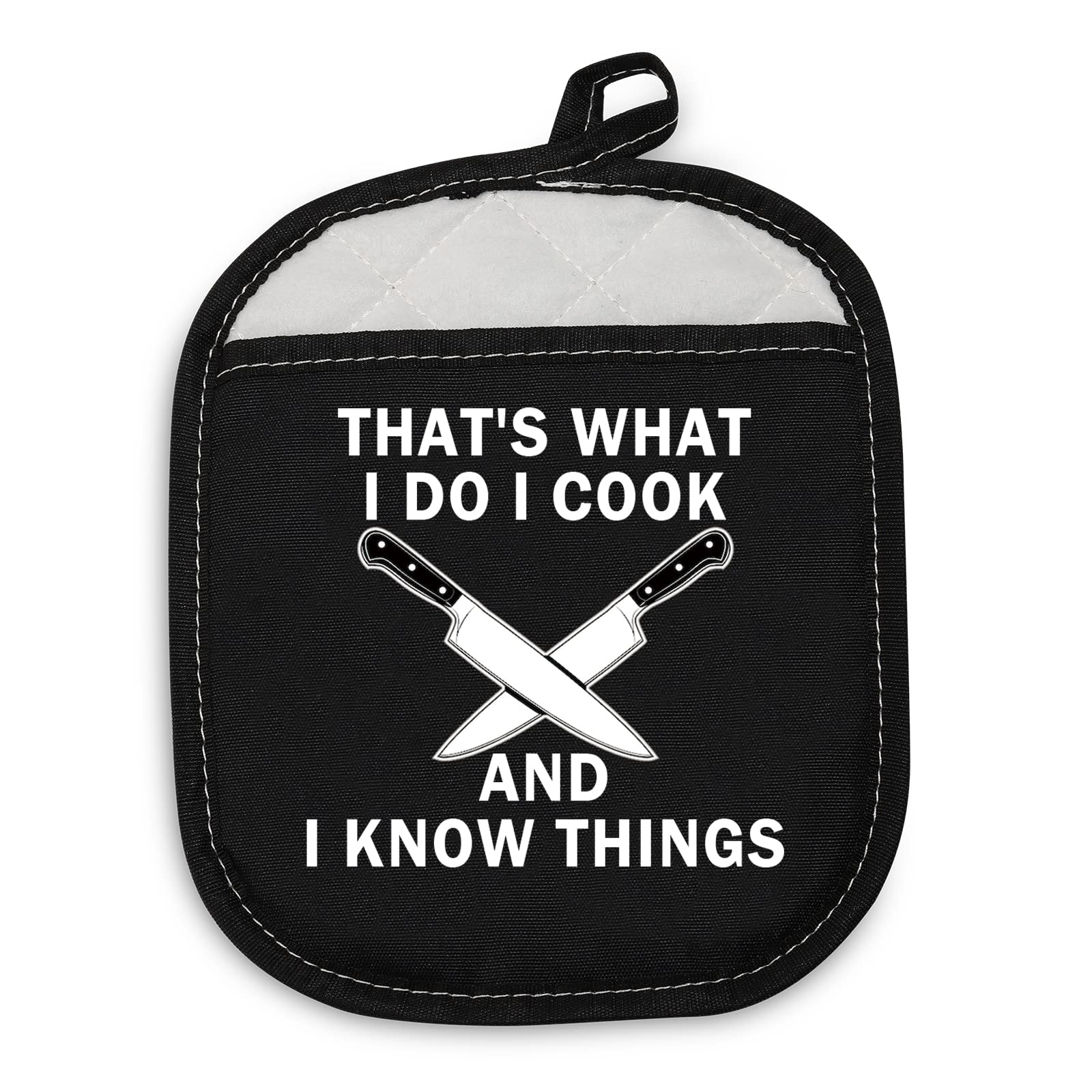 PLITI Funny BBQ Grill Pot Holders That's What I Do I Cook And I Know Things Chef Oven Mitts Culinary School Graduation Gift (I cook things PHU)