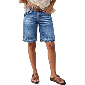 Flamingals Mid Rise Bermuda Denim Shorts for Women | Wash Raw Hem Knee Length Casual Summer Jean Without Belt