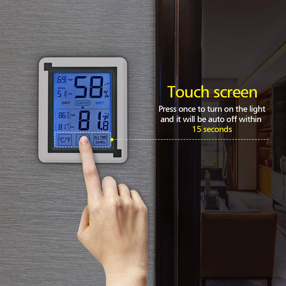 6 IN 1 Thermometer innen Thermo-Hygrometer von MOHOO, Hygrometer, komfortable Funk-Wetterstation, Feuchtigkeitsmesser, Temperaturmesser, Wecker, Datumsanzeige, Nachtlichtfunktion, 9.2cm x 9.2cm