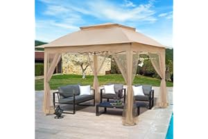 INTER HUT 11x11 Outdoor Pop up Gazebo Tent with Mesh Walls for Patio, Lawn, Backyard and Deck, Khaki
